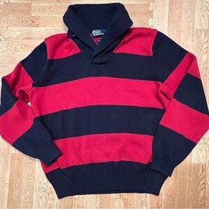 Polo Ralph Lauren Vintage Shawl Collar Striped Sweater – Red & Navy